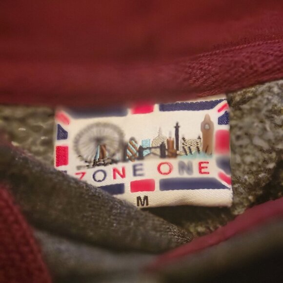 ZONE ONE London England British Flag Hoodie Embroidered Red Lettering Sweatshirt - Picture 4 of 5